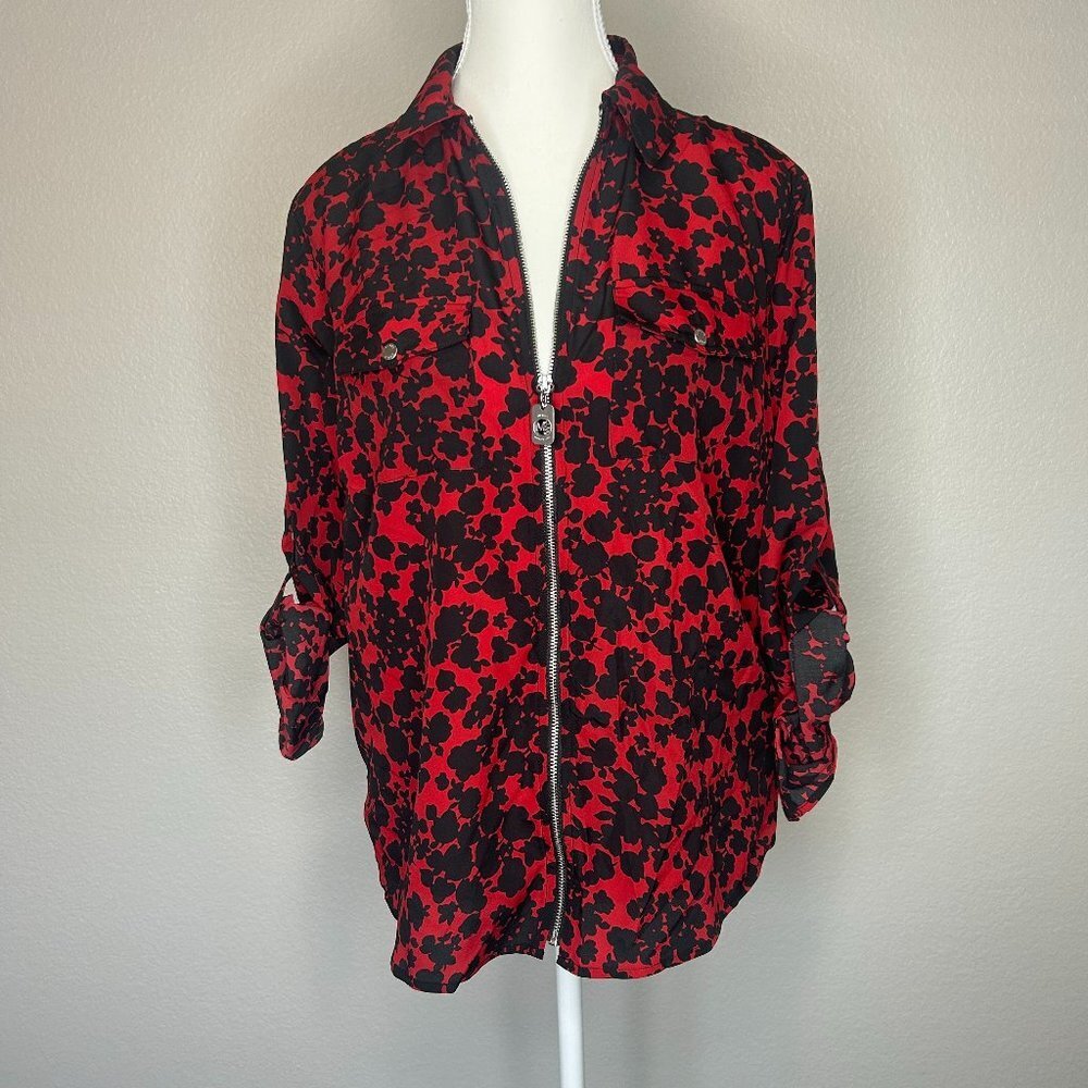 Michael Kors Womens Blouse Full-zip Red/Black Long Rolling Sleeve (P/L) SKU 32